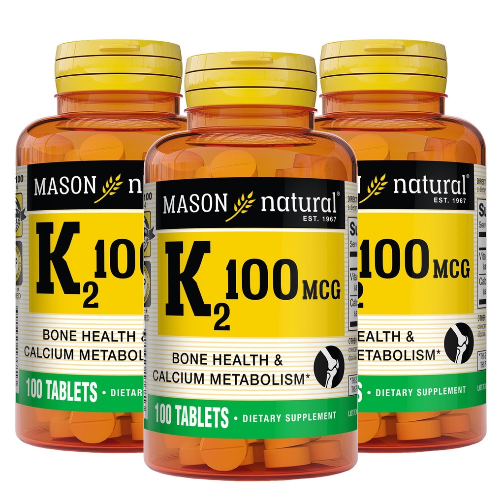MASON NATURAL Vitamin K2 100 mcg with Calcium, 300 Day Supply | 100 mcg K2 with 40 mg Calcium to support bone health, muscle function & proper calcium metabolism; 300 tablets