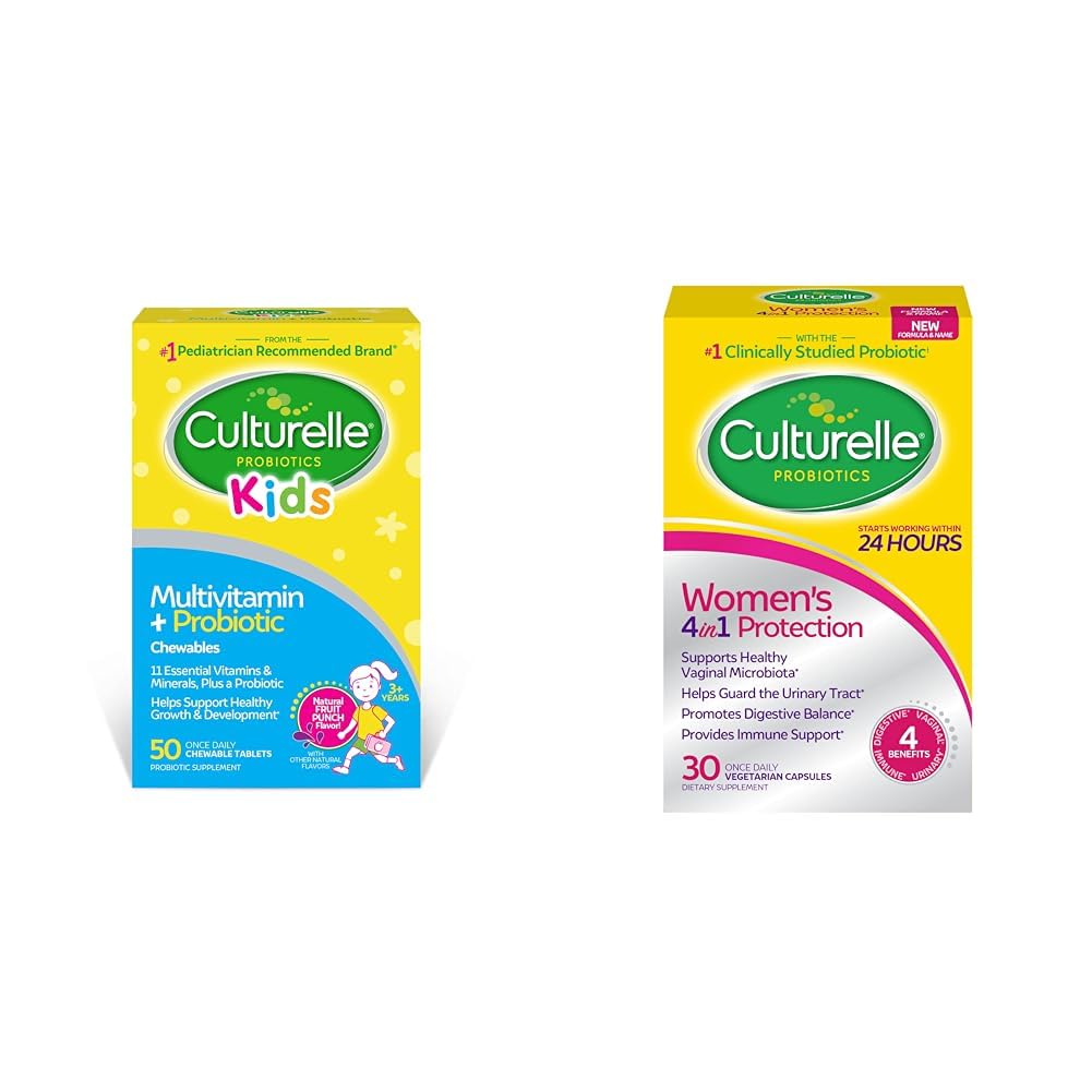 Culturelle Kids Complete Chewable Multivitamin + Probiotic for Kids, Ages 3+, 50 Count & Women’s 4-in-1 Daily Probiotic Supplements for Women - Supports Vaginal Health
