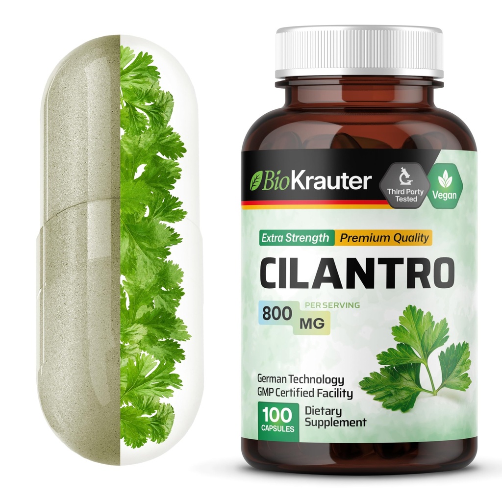 BIO KRAUTER® Cilantro for Detox Cleanse - Vegan Cilantro Capsules (Coriander Leaf Powder) 800 mg per Serving - Natural Detox & Antioxidant Supplement - 100 Capsules, Non-GMO Herbal Supplements