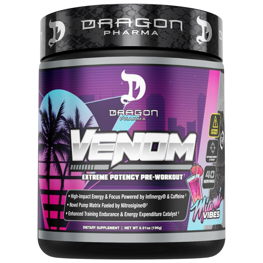 DRAGON PHARMA Venom Extreme Potency Pre-Workout, Laser Sharp Focus + Energy, Intense Performance, Proven Ingredients for Enhanced Vasodilation & Endurance (40 Servings, Miami Vibes)