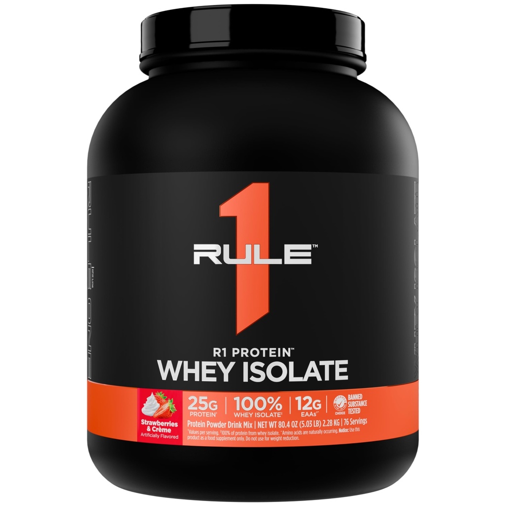Rule 1 Proteins R1 Protein Whey Isolate, Strawberries & Crème, 76 Servings | 25g of Protein from Whey Isolates and Hydrolysate isolates for Workout Recovery and anytime use