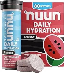 Nuun Energy Electrolyte Tablets with Ginseng, Cafeïne uit Green Tea Extract, Vitamine B12, B6, B5, Magnesium & 4 Andere Elektrolyten, Glutenvrij & Vegan, Watermeloen Burst, 8 Pack (80 Servings Totaal)