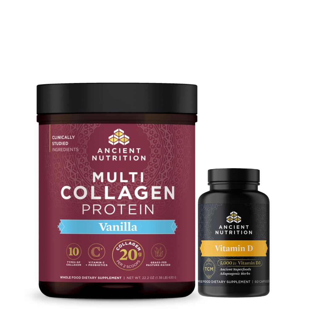 Ancient Nutrition Multi Collagen Protein Powder, Vanilla, 60 Servings + Vitamin D Capsules, 60 Count