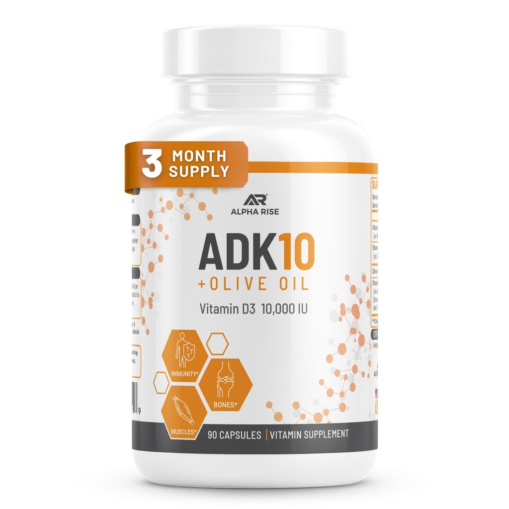 ADK 10 vitaminesupplement + olijfolie voor betere absorptie - met vitamine A + D3 (10.000 ie) + K2 (MK7+MK4) - 90 capsules - vegetarisch - niet-GMO