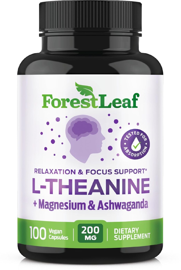 ForestLeaf L Theanine Supplement - L-Theanine 200mg with Ashwagandha and Magnesium for Focus, Stress Relief & Relaxation - Non-GMO & Gluten Free - 100 Caps