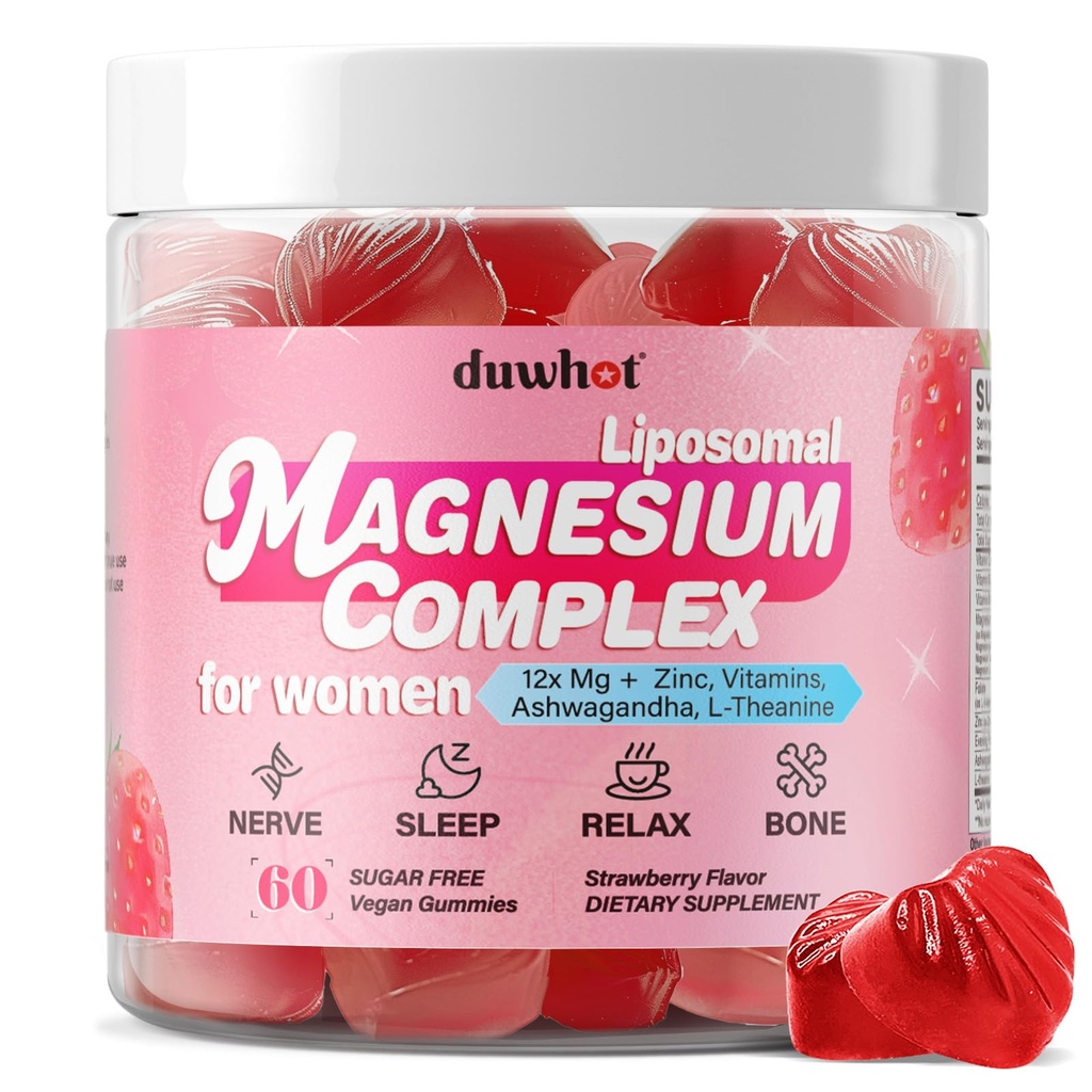 12-in-1 Magnesium Complex Gummies for Women, 1000mg Liposomal Magnesium Glycinate Citrate Malate Oxide Supplement with D3, Methylated B6&12, Zinc for Relax, Sleep, Bone, Muscle Health, Vegan, 60 Chews