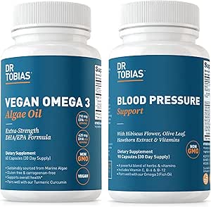 Dr. Tobias Vegan Omega 3 Algae Oil and Blood Pressure Support Supplement, Supports Normal Circulatory Health, Gut Immune Function and Overall Wellness, Non-GMO