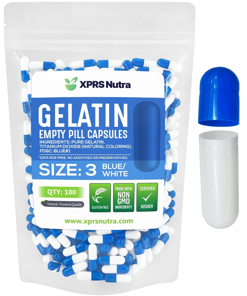 XPRS Nutra Size 3 Empty Capsules - 100 Count Empty Gelatin Capsules - Pills DIY Capsule Filling - Pure Bovine Pill Gel Caps Fillable for Do-It-Yourself Vitamins and Supplements (Blue/White)