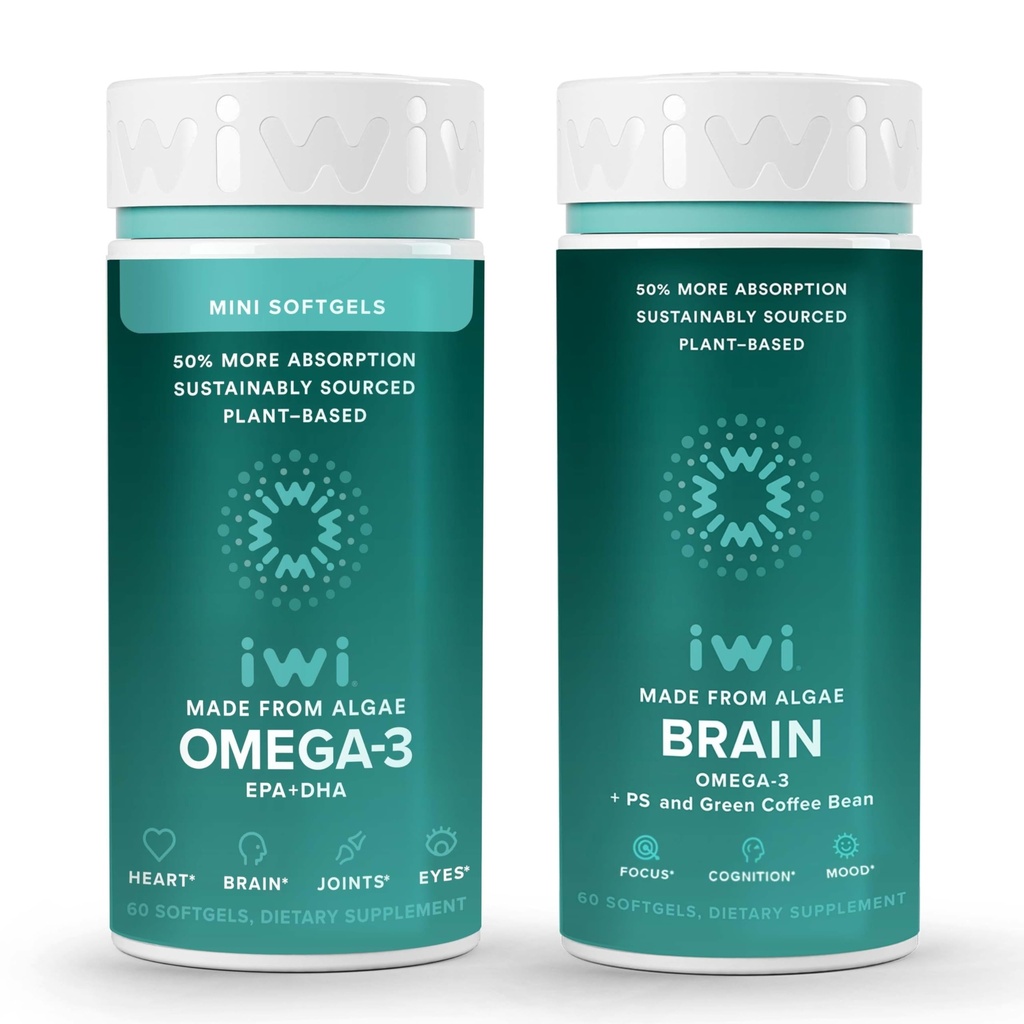 Iwi Omega-3 Minis & Brain Omega-3 Bundle, 30 Servings, Vegan Plant Based Algen Omega 3 met EPA + DHA, Krill & Fish Oil Alternative, No Fishy Aftersmaak