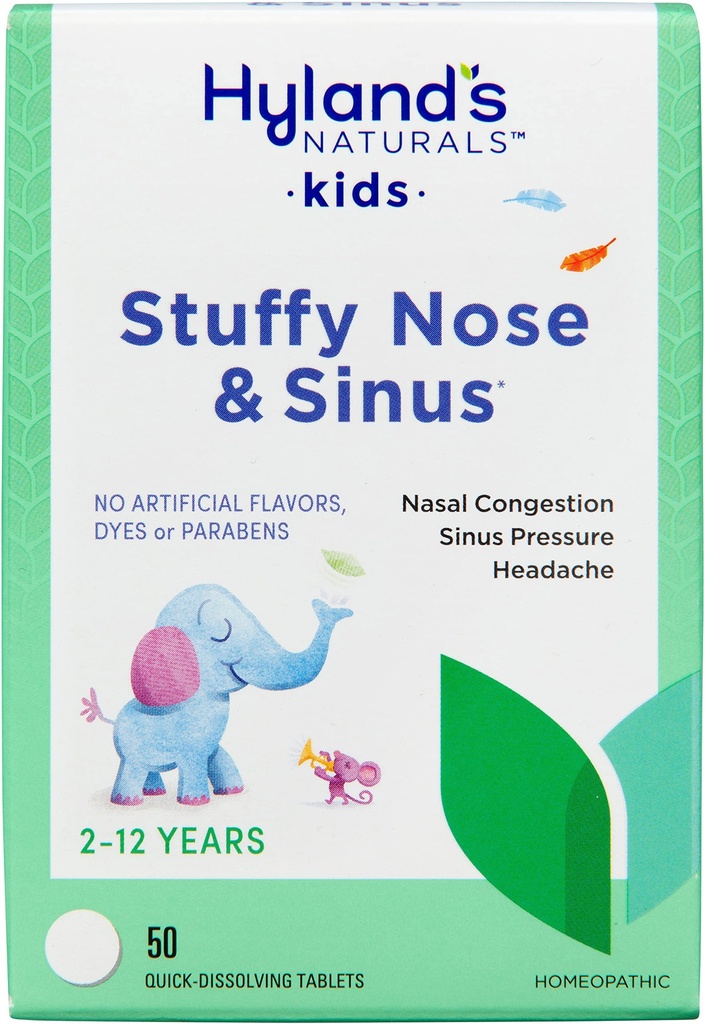 Hyland's Kids Stuffy Nose and Sinus Tablets, Cold Medicine for Children Ages 2 and up, Headache Relief and Nasal Decongestant, Quick Dissolving Tablets, 50 Count