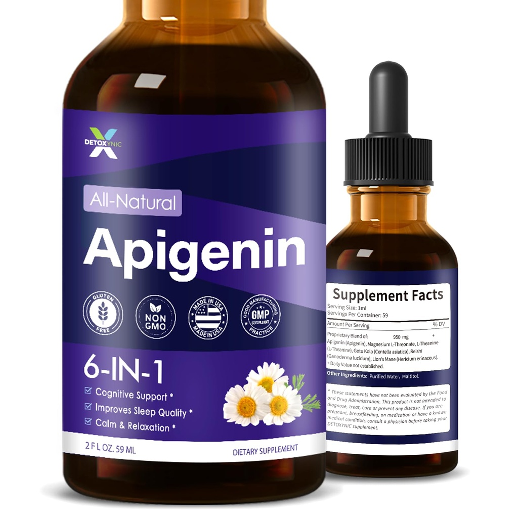 Apigenin Supplement Drops for Sleep & Relaxation Support - 2 oz | 6-in-1 Blend with Magnesium L-Theanine, Gotu Kola, and Lion's Mane, for Cognitive & Calm, High Potency Liquid Format, Non-GMO