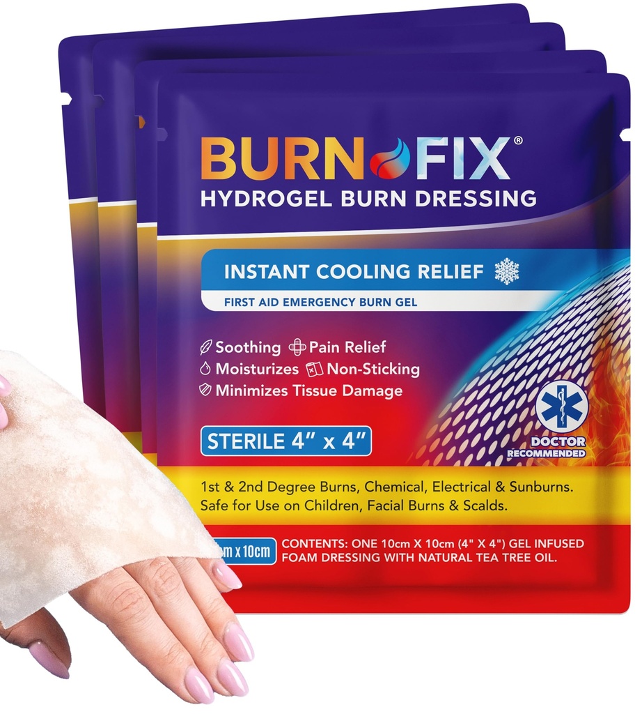 BurnFix® - 4 Pack-Burn Gel Dressing 4 x 4" Burn Care Cream EHBO behandeling. Onmiddellijke Pain Relief Hydrogel Burn Dressing voor 1e, 2e graad Burns, Razor & Sunburns voor thuis, Werk, Brand, EMS