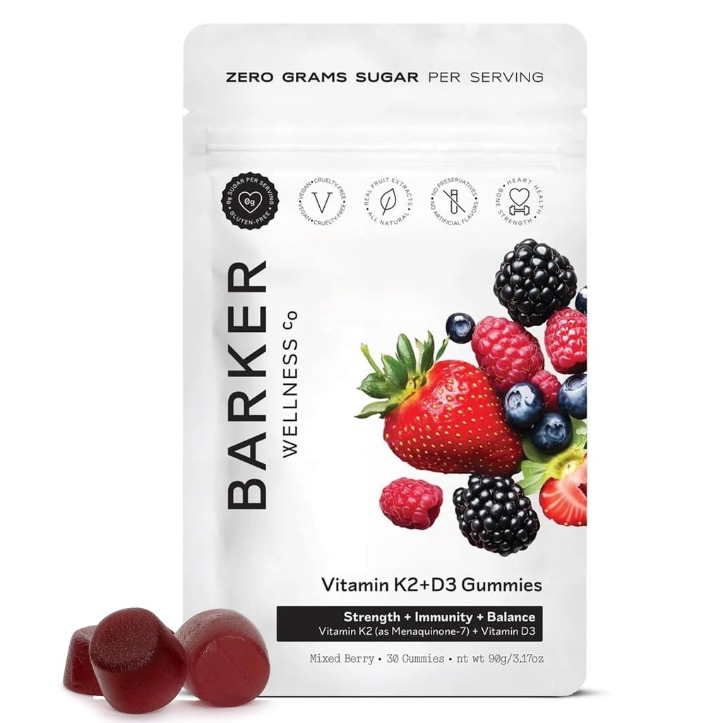 Barker Wellness D3 K2 Vitamin Gummies – Max Potency 6000IU D3 + 200mcg K2 for Strong Bones, Cardiovascular Wellness, Immune Support | Vegan, Sugar-Free, Delicious Mixed Berry | 30 Servings
