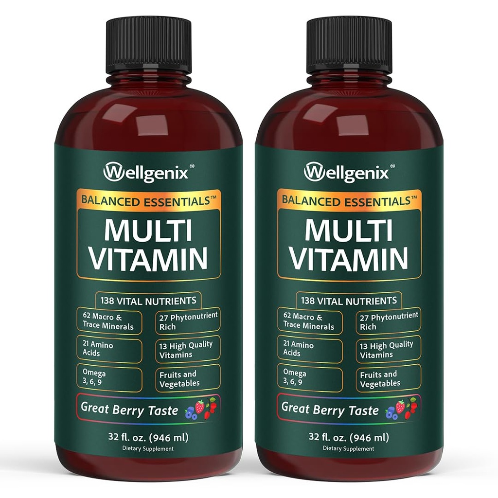 Wellgenix Balanced Essentials Liquid Multivitamin, 2-Pack, 32 Fl Oz Each | 138 nutrients per serving in a smooth berry liquid: vitamins, minerals, amino acids, and omega 3-6-9, no pills or gummies