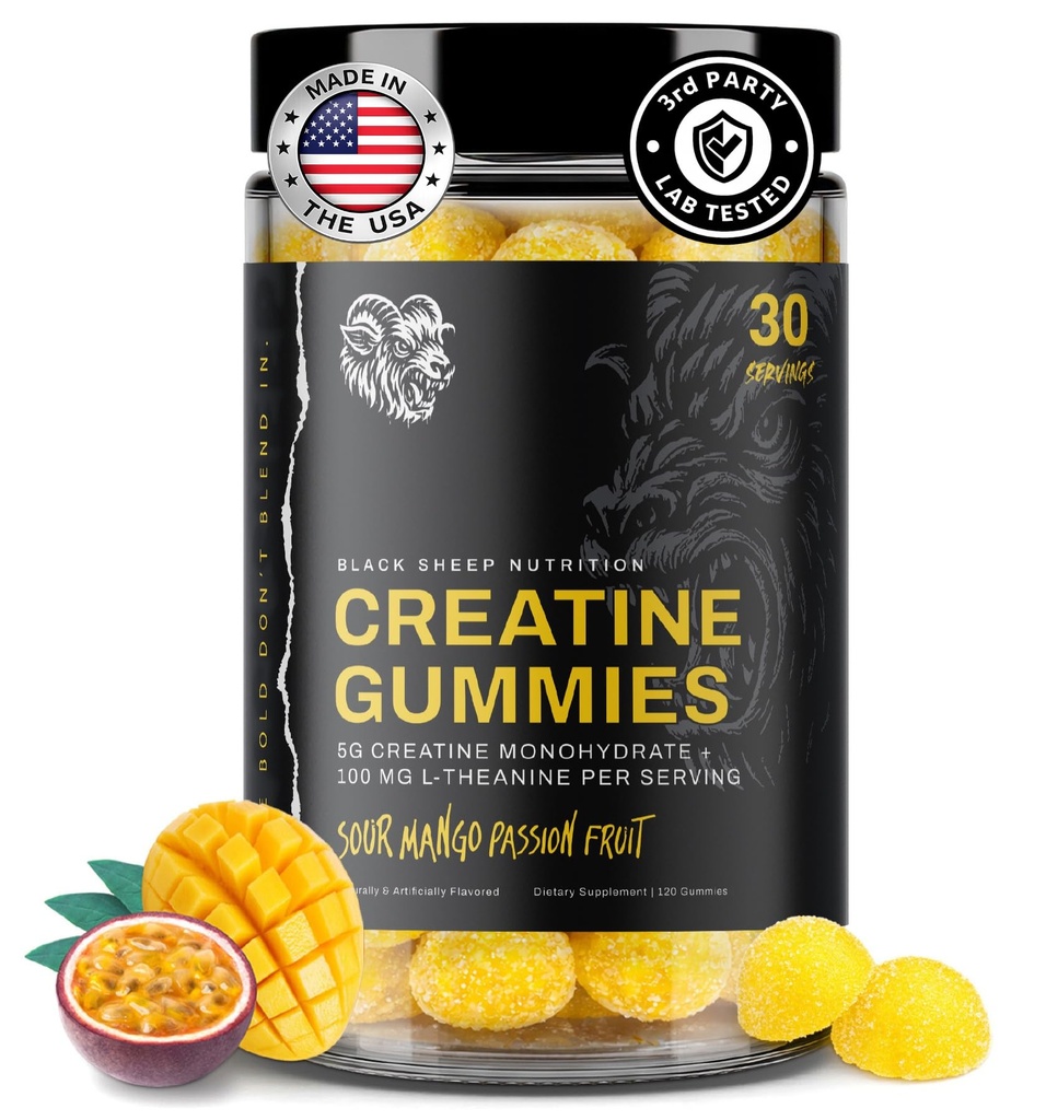 Creatine Gummies, 5g of Creatine Monohydrate, L-Theanine, Non-GMO, Vegan - Build Muscle & Boost Recovery for Men & Women, Made in USA (30 Servings, Sour Mango Passionfruit)