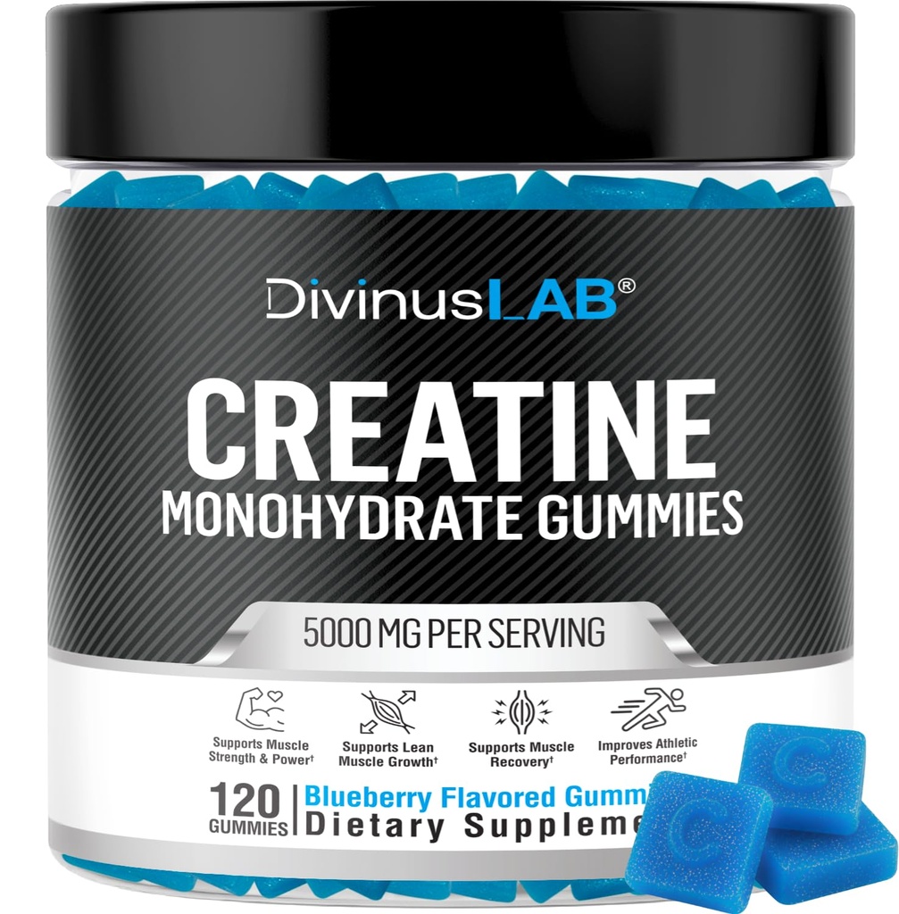 DivinusLab Creatine Monohydrate Gummies 5g (5000mg) for Men & Women, Pre Workout Chews for Energy Boost, Creatine for Building Muscle and Strength, Non-Melting, Vegan, Non-GMO, 120 Count (Blueberry)