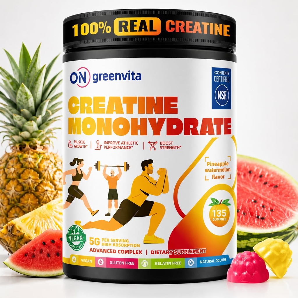 Creatine Monohydrate Gummies, NSF Certified Creatine Gummy, 5g Dose for Men & Women to Support Muscle, Strength, Recovery, Cognitive Health & Memory, Pineapple & Watermelon Flavor, 135 Gummies