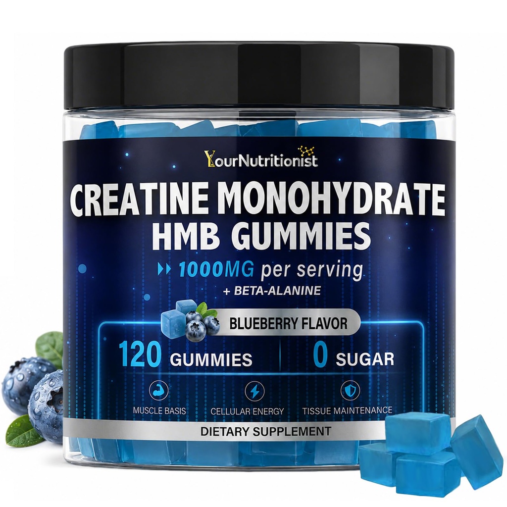 Creatine & HMB Gummies, 1000mg Creatine Monohydrate, Muscle Support | 1000mg Creatine Monohydrate Per Serving, HMB & Beta-Alanine Formula, Sugar Free Vegan Gummies for Men & Women, 120 Cts