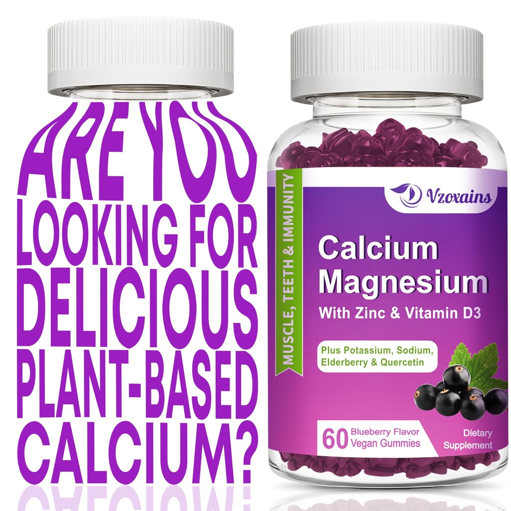 Plant Based Calcium Gummies 600mg, Calcium Magnesium Zinc with Vitamin D3 for Bone Strength, Sugar Free Calcium Supplements for Women & Men - 120 Counts