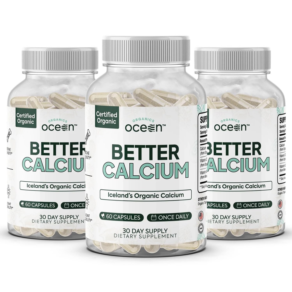 Organics Ocean Better Calcium - Organic Red Algae Calcium with Vitamin D3 and K2 Supplements - Supports Bone Structure, Joint Comfort & Encourages Healthy Aging - Plant-Based, Non-GMO - 3 Pack