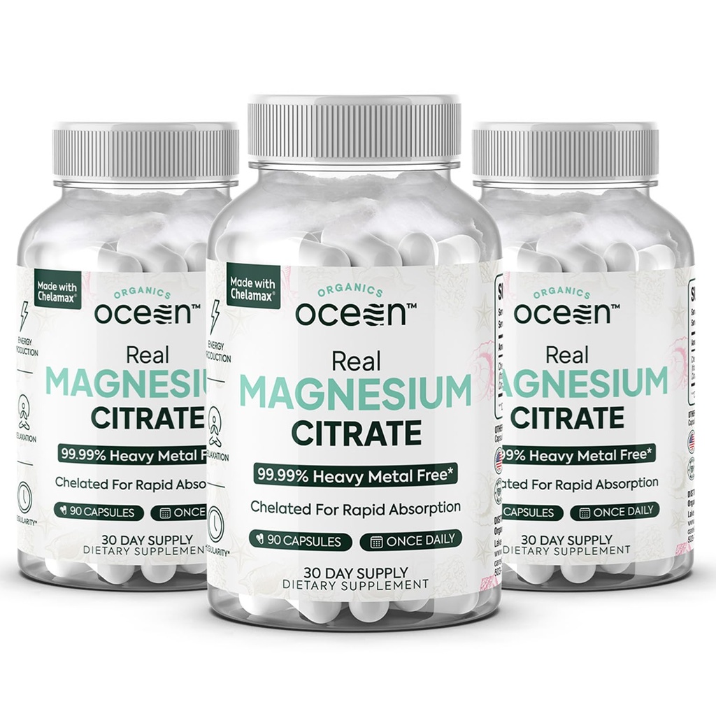 Organics Ocean Real Magnesium Citrate - High Absorption Magnesium Supplement - Chelated Magnesium to Support Energy, Relaxation, and Regularity - 3 Pack Bulk Supply