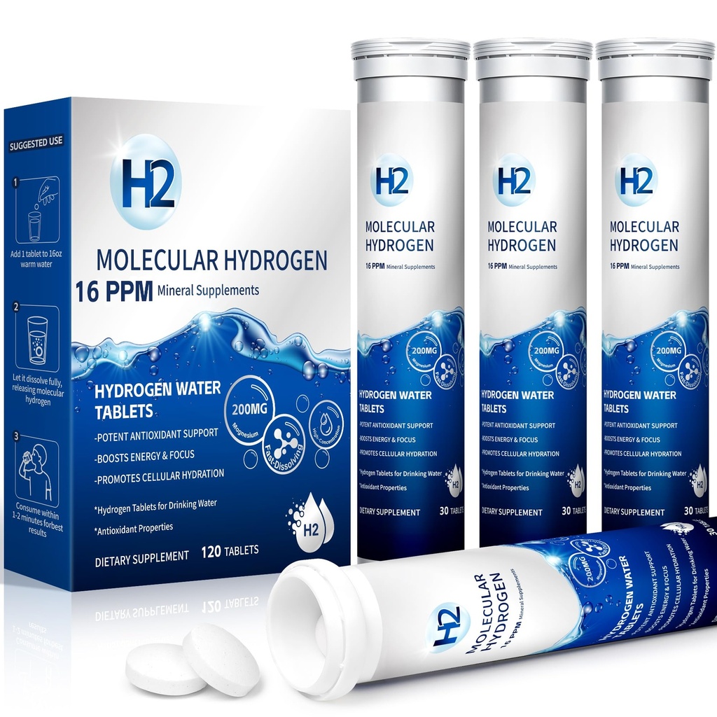 120 Pack 16 PPM Hydrogen Water Tablets with Magnesium, H2 Molecular Hydrogen Tablets for Drinking Water, Zero Sugar, Cognitive & Antioxidant, Energy Recovery, Healthy Aging Support