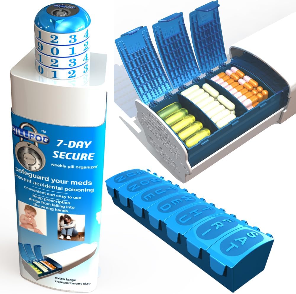 Pill Pod 7 Dag Veilig, Locking Pill Organizer, Child-Resistant Medication Lock Box, Extra Large Weekly Pill Planner, Senior Friendly
