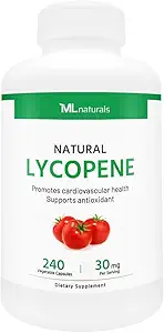 ML Naturals Natural Lycopeen 30 mg 240 plantaardige capsules. Antioxidant & Immuun Support, Cardiovasculair Health & Prostate Health, NSF-gecertificeerd & cGMP-compliant, derde-partij lab getest