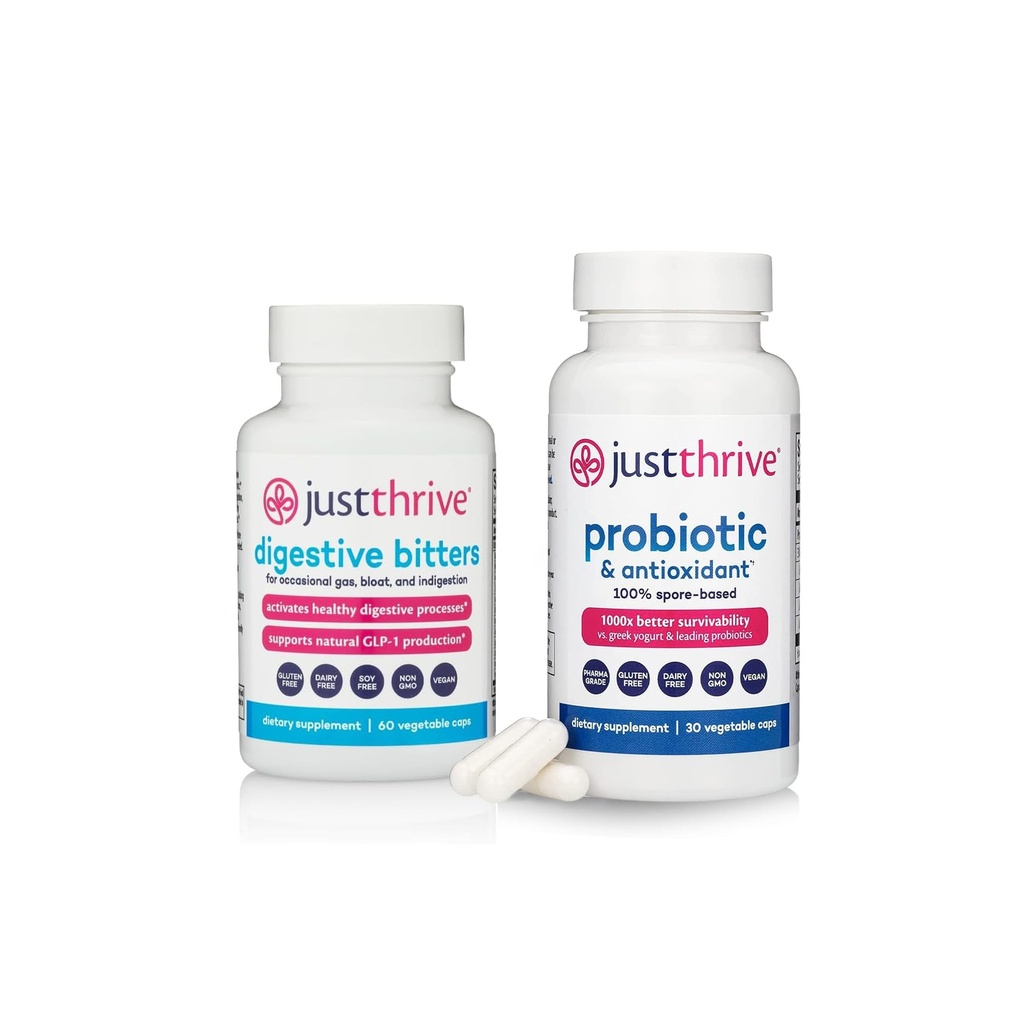 Just Thrive Digestive Bitters 60 Caps and Probiotic 30 Caps Bundle, Spore-Based Gut and Immune Support with 12-Herb Herbal Digestive Activation
