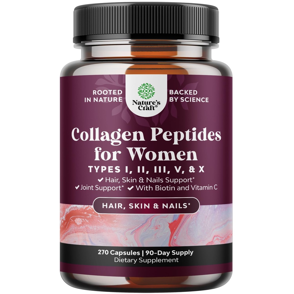 Advanced Multi Collagen Complex - Ageless Multi Collagen Peptides Supplements with Type 1 2 3 5 & X & Biotin for Hair, Skin and Nails Vitamins - Biotin Supplements for Women & Men - 270 Count