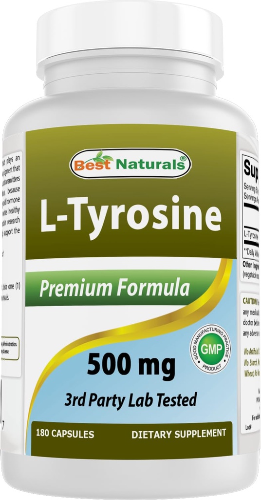 Best Naturals L-Tyrosine 500 Mg 180 Capsules - Supports Mental Alertness, Energy, Focus, Healthy Glandular Function and Balance