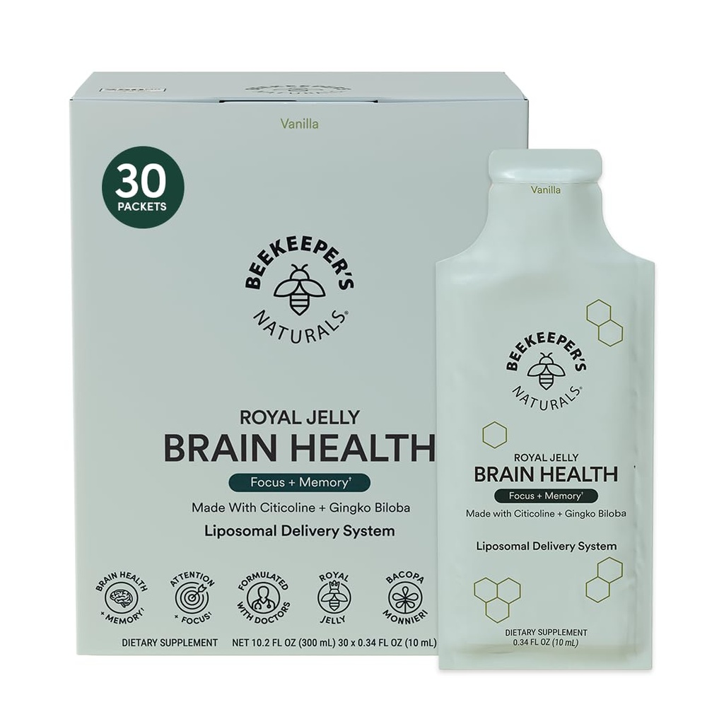 Nootropic Brain Supplement by Beekeeper's Naturals, 500mg Citocoline, Ginkgo Biloba, Bacopa Monnieri & Royal Jelly, Ondersteunt Focus & Memory, gemakkelijker Absorptie, Plus een smakelijke Vanille smaak, 30ct