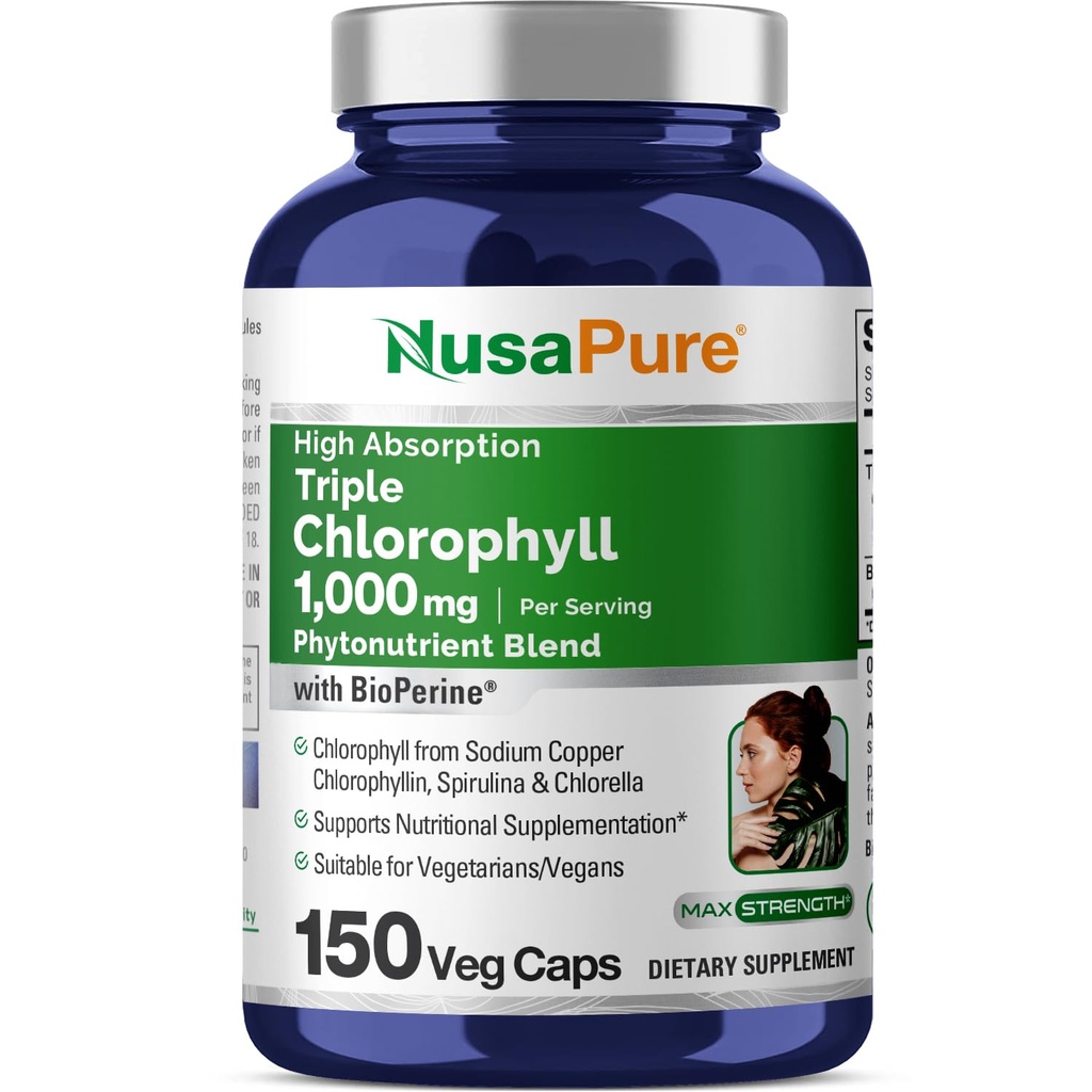 NusaPure High Absorption Triple Chlorophyll 1000 mg 150 Veg Caps Suitable for Vegetarians and Vegans, Non-GMO