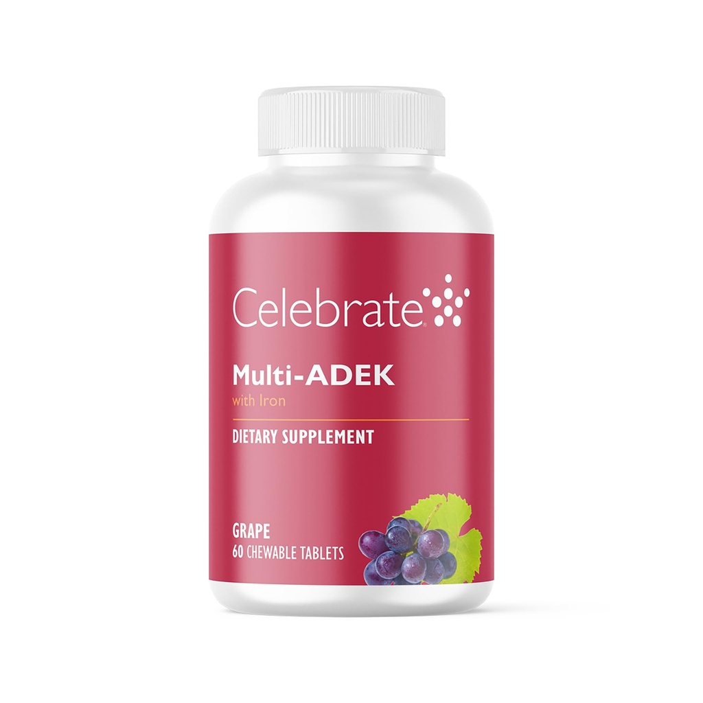 Vier vitamines Multi ADEK Kauwtabletten, 60 mg ijzer - Dagelijkse Bariatrische Multivitaminen, Vitaminen A, D, E, K & B12 voor Duodenale Switch Chirurgie Patiënten - Druiven (60 tabletten)