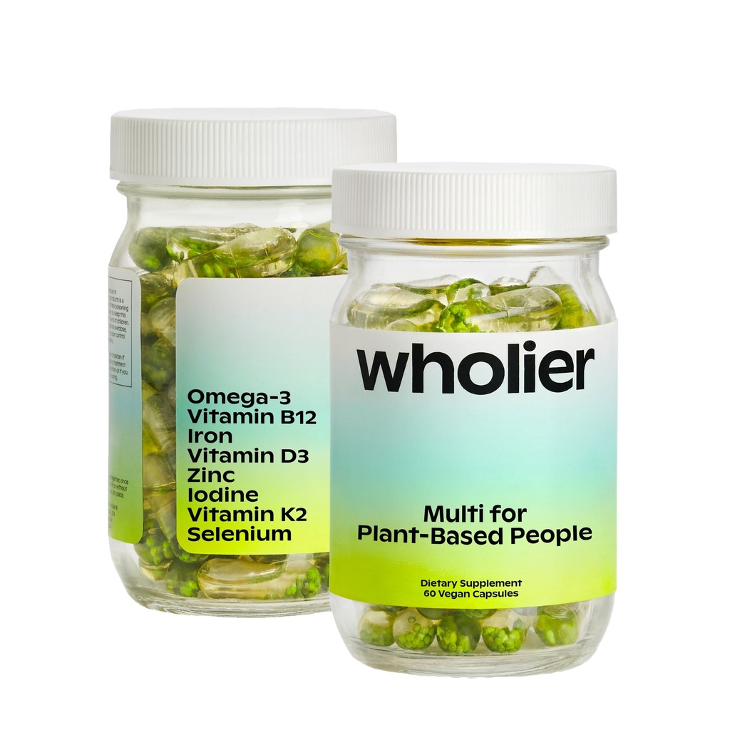 wholier Plant Based Multivitamin Vegan Omega-3 DHA EPA, Vitamin D, B12, Zinc, Vitamin K2, Iron, Iodine, Selenium. 60 Count (30-Day Supply) Glass Bottle