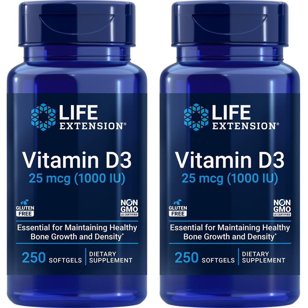 Levensverlenging Vitamine D3 25 mcg (1000 IE), Immuunsysteemondersteuning, Bone Health, Whole-Body Health, Value Size, Gluten-Free, Non-GMO 2 Pack - 2 x 250 Softgels