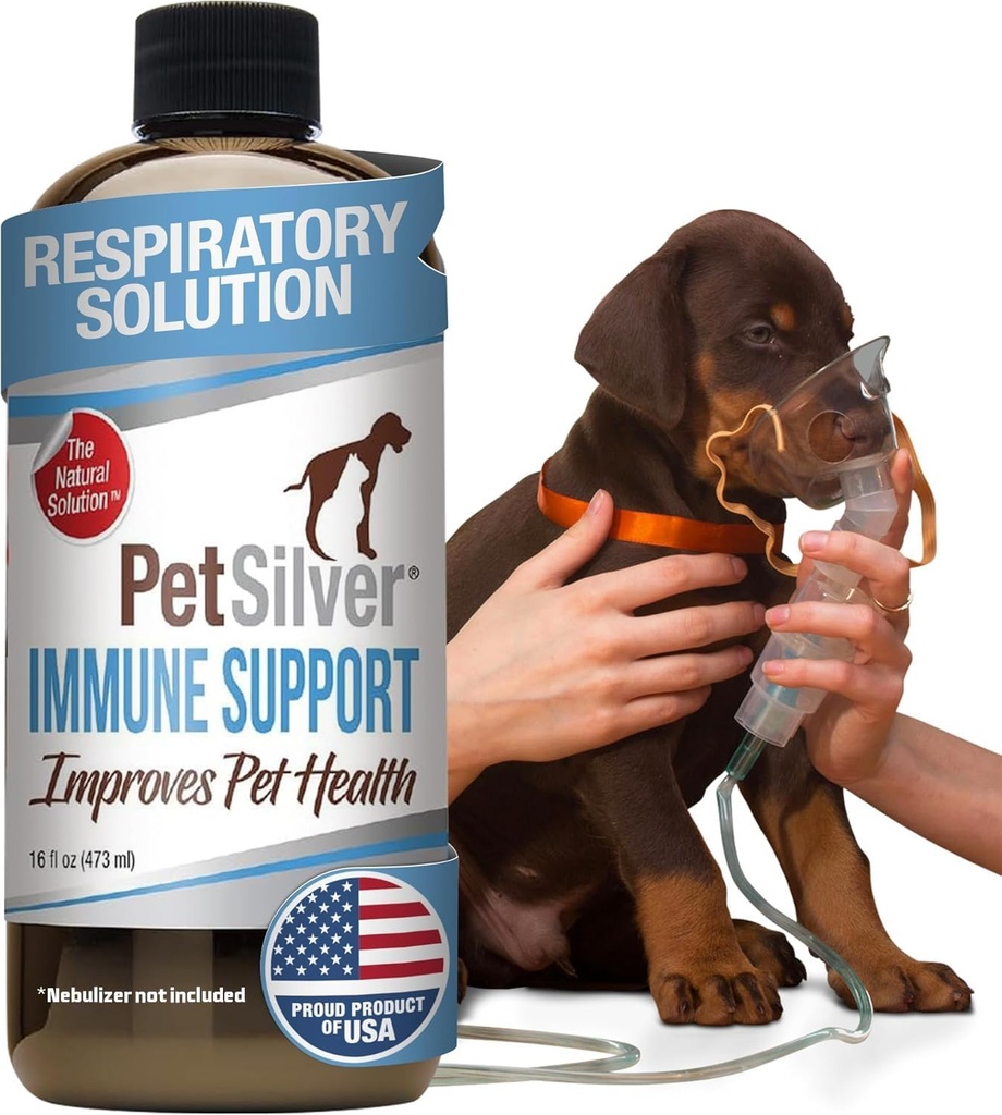 PetSilver Immune Support, Natural Nebulizer Solution, bevordert de ademhalingsgezondheid bij katten en honden, allergieën, Sinus & Cough Treatment, Gemakkelijk te gebruiken, Gepatenteerde Chelated Silver, Made in The USA, 16 fl oz