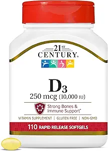 21e eeuw Vitamine D3 250 mcg (10.000 IE) Snelle afgifte Softgels, 110 Tel.