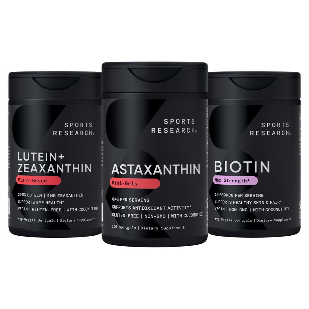 Sports Research Biotin (B7) 10,000mcg + Lutein + Zeaxanthin (20mg) + Astaxanthin Supplement from Algae (6mg) - All Vegan | 120 Softgels Each | All Made with Coconut Oil for Better Absorption