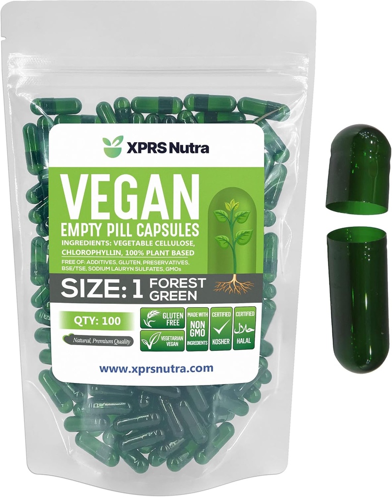 XPRS Nutra Maat 1 Lege Capsules - 100 Graaf Lege Vegan Capsules - Vegetarische Pillen - DIY plantaardige Capsule Vegetarische Pillen Caps voor Do-It-Yourself Supplements (Forest Green)