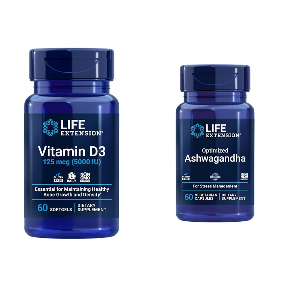 Life Extension Vitamin D3 5000 IE, Ashwagandha - Stress Relief, Focus, Geheugen, Goede Ondersteuning - Non-GMO Supplement Bundle