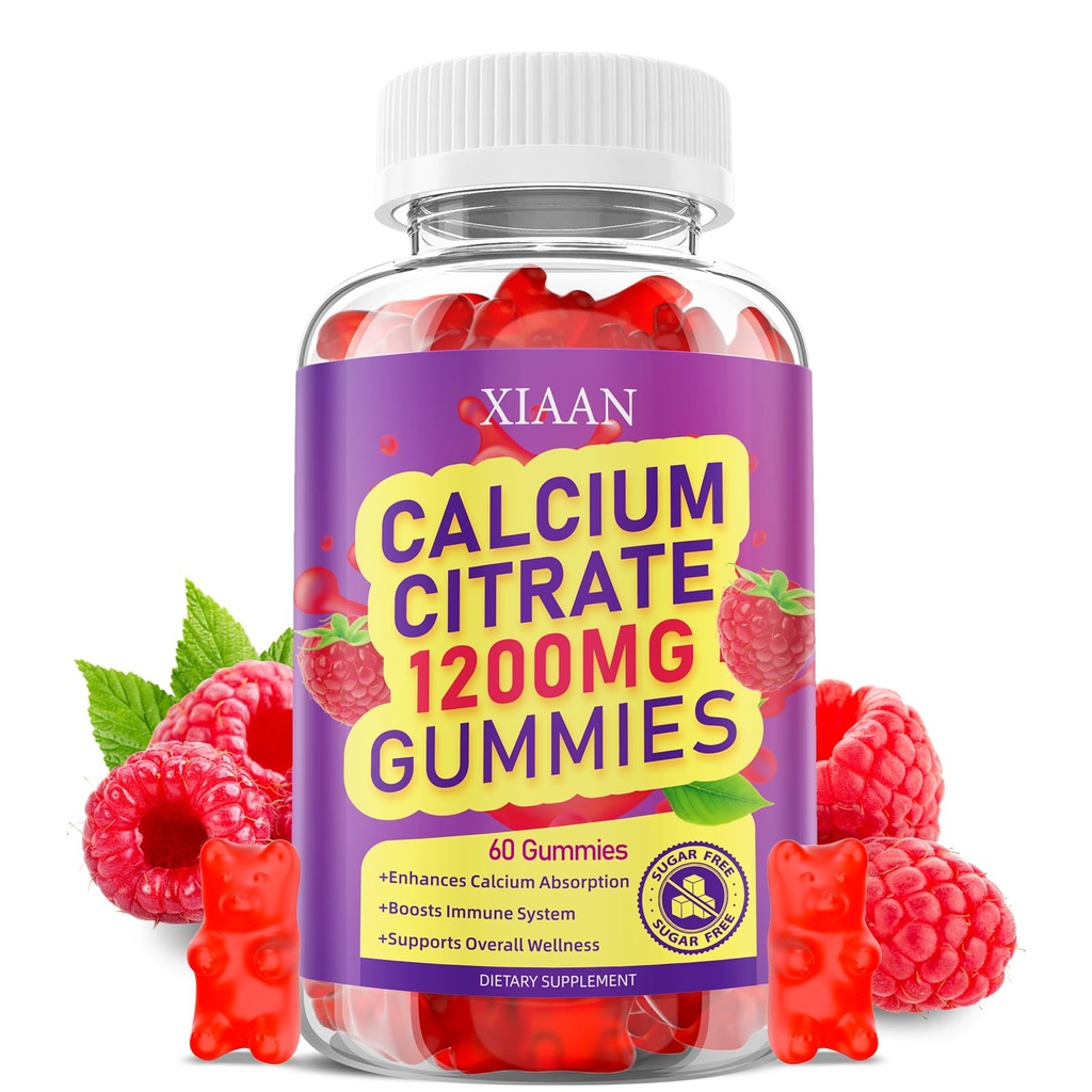 Calcium Citrate Gummies 1200mg Calcium Gummies for Women & Men, Chewable Calcium Supplements Support Immune Health & Bone Strength, Vegan/Sugar-Free/Gluten-Free, Raspberry Flavor 60 Count