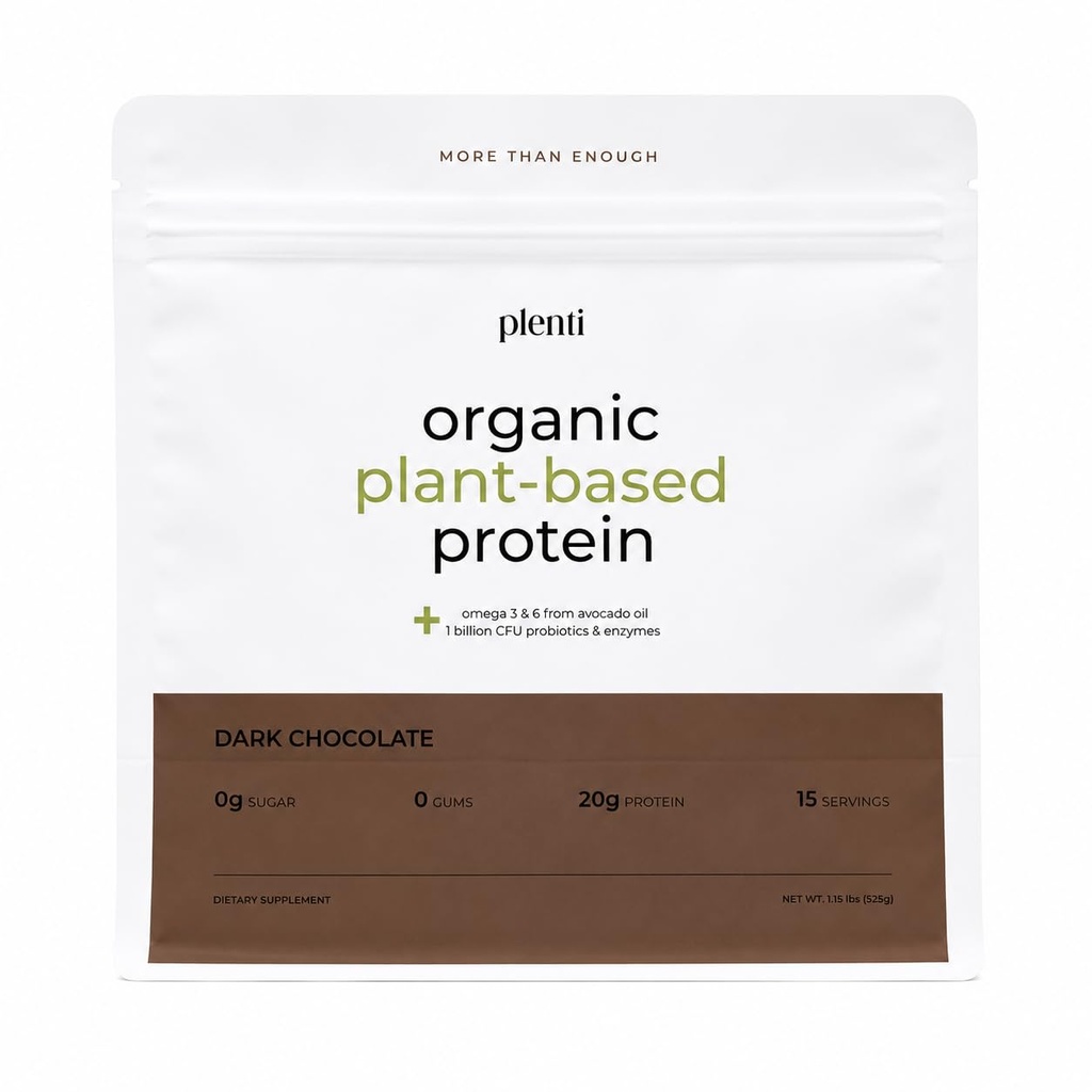 plenti Organic Plant-Based Protein Powder: 20g Pea Protein + Probiotics, Digestive Enzymes & Omega 3-6, Gut Friendly, Sugar Free, 15 Servings (1.15 lbs) (15, Dark Chocolate)