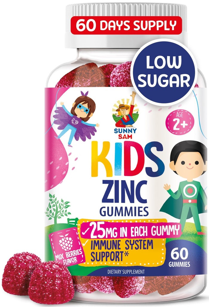 Zink Gummies voor kinderen - Kauwbare Zink Gummy Supplement voor kinderen Immuun Ondersteuning - Low Sugar Natural Antioxidant Non-GMO vitamine kauwtabletten voor peuters & tieners - 60 Gummies