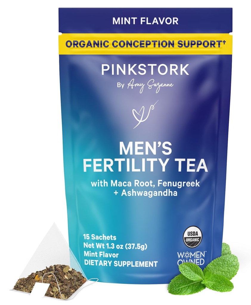 Blauwe Ooievaar Mannen vruchtbaarheid thee: biologische vruchtbaarheid supplementen voor mannen, groene thee, Maca Root, en Ginkgo Biloba voor mannelijke reproductieve gezondheid, munt, 15 sachets