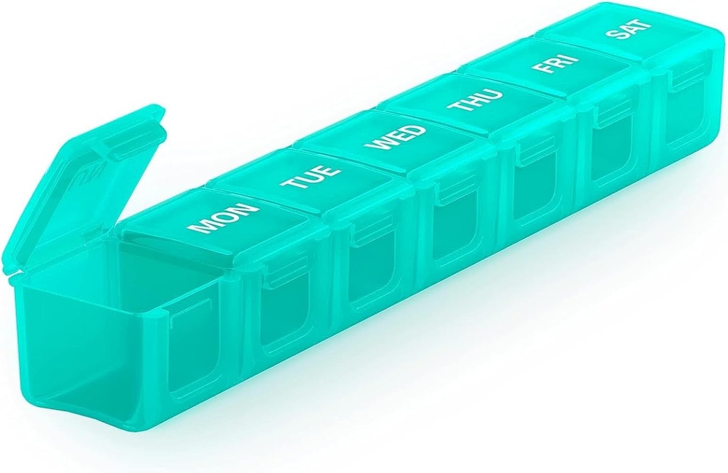 Sukuos Extra Large Wekelijkse Pillen Organisator, 7 dagen Dagelijkse Pillen Box Case Artritis Vriendelijke, Silkscreen Gedrukte Medicine Container met duidelijke deksel voor vitaminen, visolie of supplementen (cyaan)