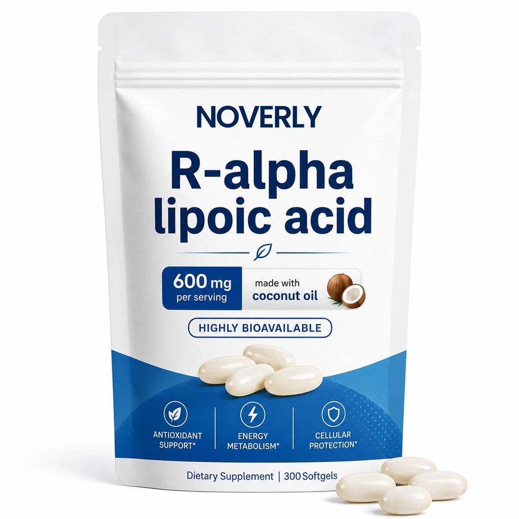 NOVERLY R Alpha Lipoic Acid 600mg with Coconut Oil, 300 Softgels | ALA Antioxidant Supplement for Cellular Wellness, Energy Metabolism & Healthy Aging Support Gluten-Free