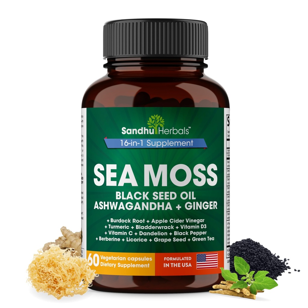 SANDHUHERBALS Sea Moss Capsules met Zwarte Zaadolie Ashwagandha Ginger Burdock Root 