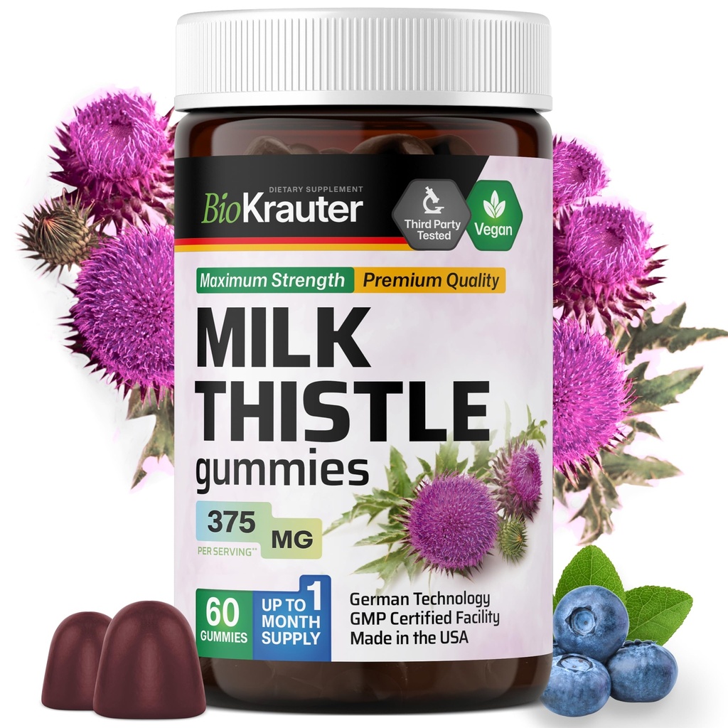 BIO KRAUTER Milk Thistle Liver Detox Gummies - 1500 mg sterkte - 60 Kauwen - Silymarin Milk Thisle Supplement - Vegan Gelatine-Free Formula