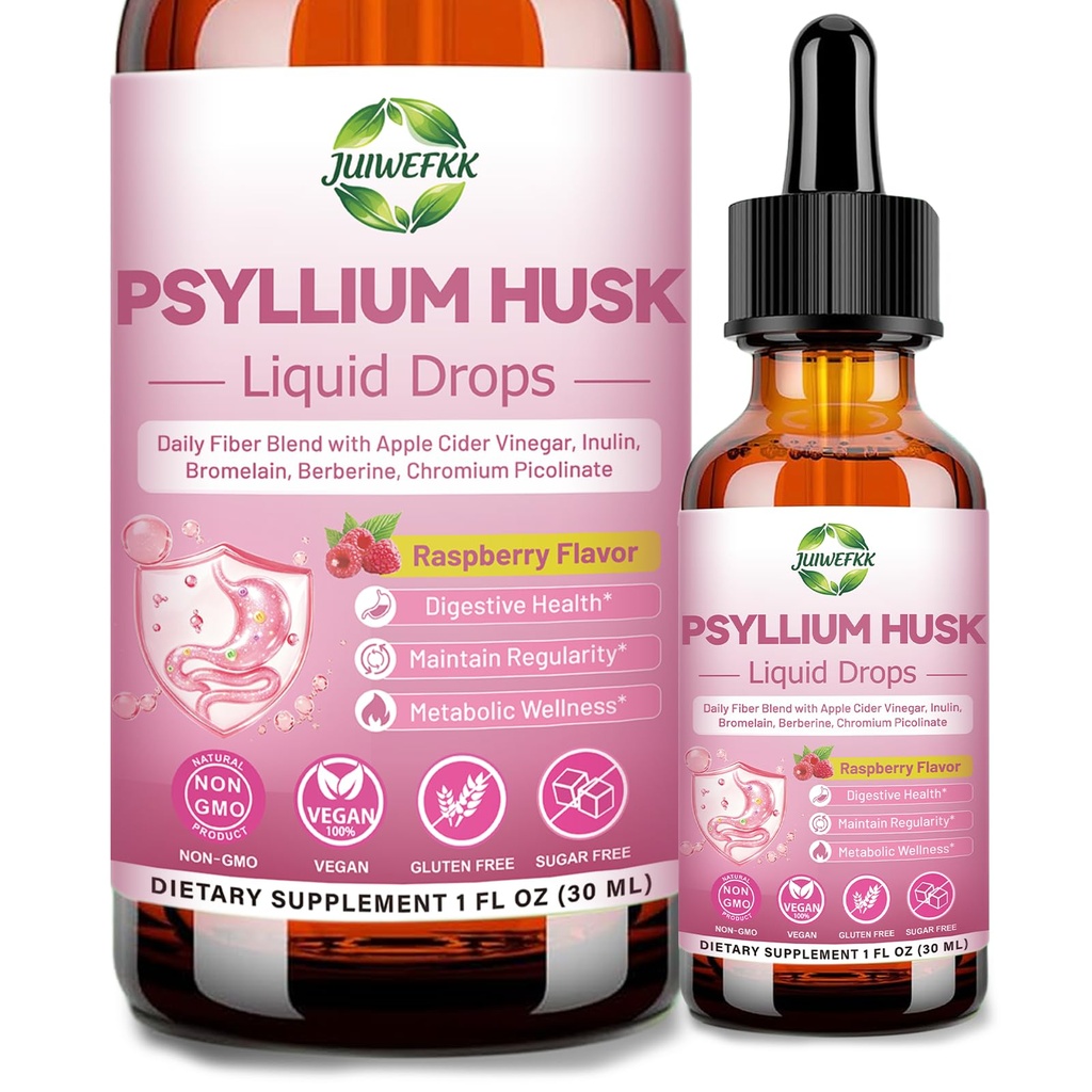 Psyllium Husk Liquid Drops Fiber Supplement for Women & Adults 8-in-1 Organic Fiber Blend + Metabolic Support Supplement for Digestive Health & Regularity Support Non-GMO Gluten Free Vegan